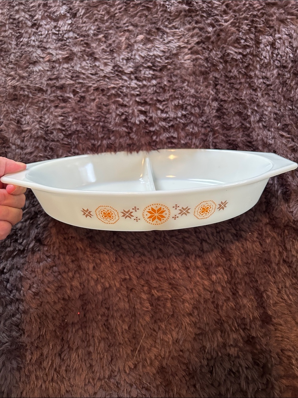 Pyrex White Divided Casserole with Orange Medallion Pattern